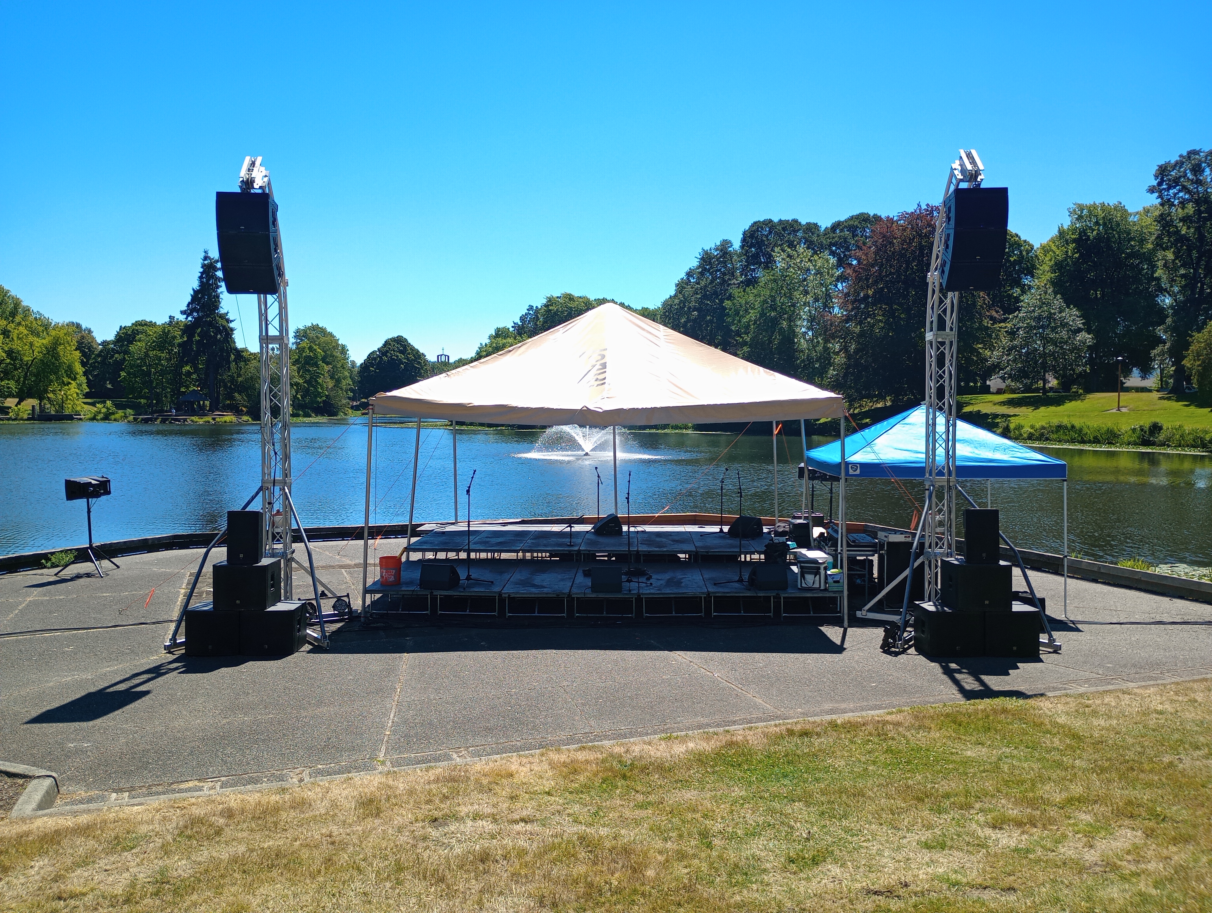 Outdoor festival stage with line array speakers
